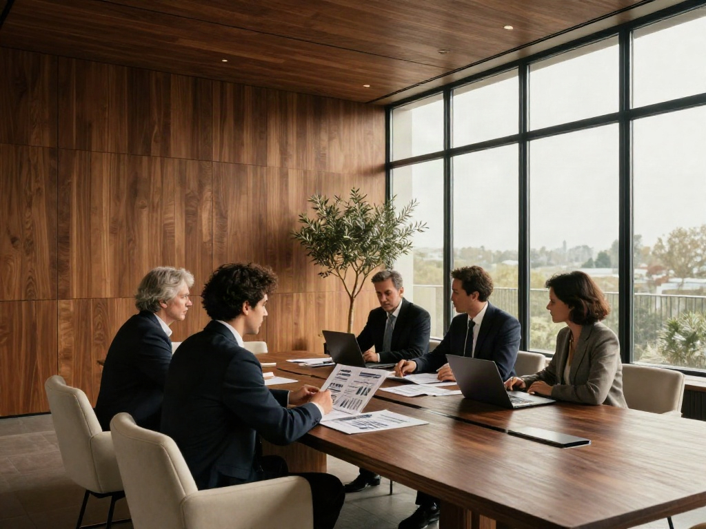 Consultants reviewing business strategy and analytics around a walnut boardroom table