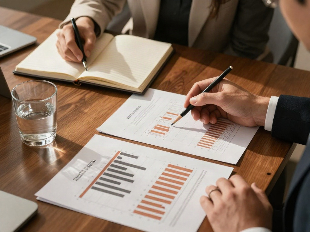 A collaborative business review with printed performance charts and strategic notes